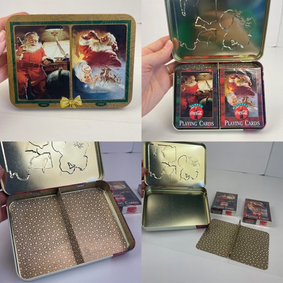 Vtg 1997 Coca Cola Santa Christmas Hinged Tin with 2 Sealed Decks Playing Cards - Picture 10 of 10